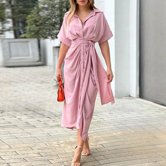 Fashion Chic Shirt Long Dress Women Elegant Lapel Short Sleeve Button-up Draped High Waist Lace-Up Maxi Dresses Casual Vestidos