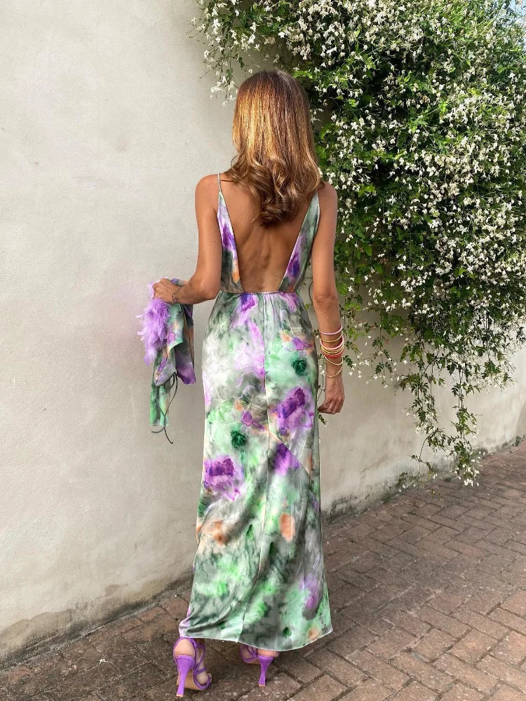 Women's Detachable Sleeves Beach Maxi Dress Sexy Backless Tie Dye Sling Dress 2024 Summer Ladies High Waist Long Robes