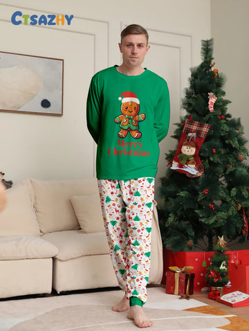 Men's Christmas Pajama Ensemble, Green Top with Gingerbread Man, Christmas Element - Filled Pants