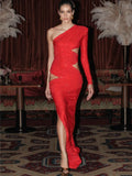 Shinning Rhinestones Women Sexy One Shoulder Bodycon Long Dress Wedding Memaid Party Celebrate Cocktail Dress Vestido Red