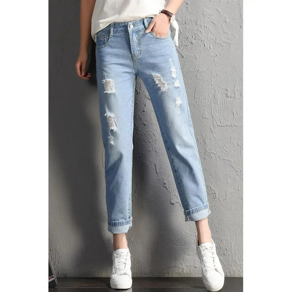 2024 Fashion New Women Mid Waist Boyfriend Big Ripped Hole Jeans Casual High Street Denim Pants Sexy Vintage Pencil Jeans y2k