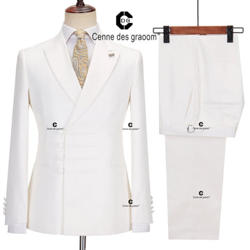 Cenne Des Graoom Wedding Suits for Men Cream White Chinese Knot Button Peak Lapel Jacket Pants 2Pcs Set Party Dinner Meeting