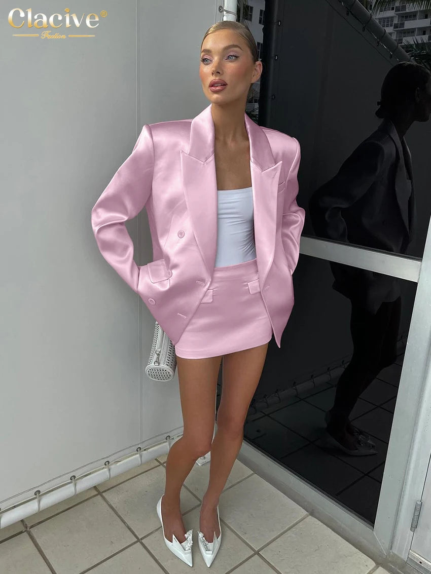 Moda clacante Satinada de color rosa suelto 2 piezas Conjunto de mujeres 2024 Elegante blazer de manga larga con mini faldas de cintura media hembra