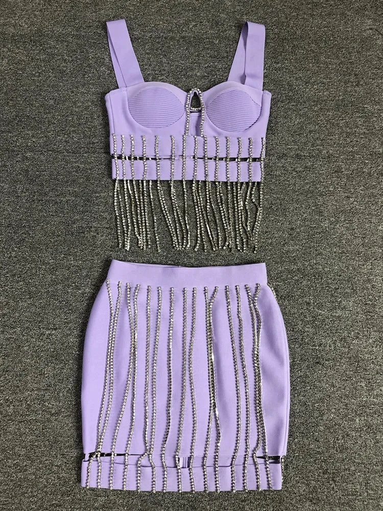 Women Summer Sexy Square Collar Purple Diamonds Sparkly Bodycon Bandage Skirt Set 2024 Knitted Elegant Evening Club Party Dress