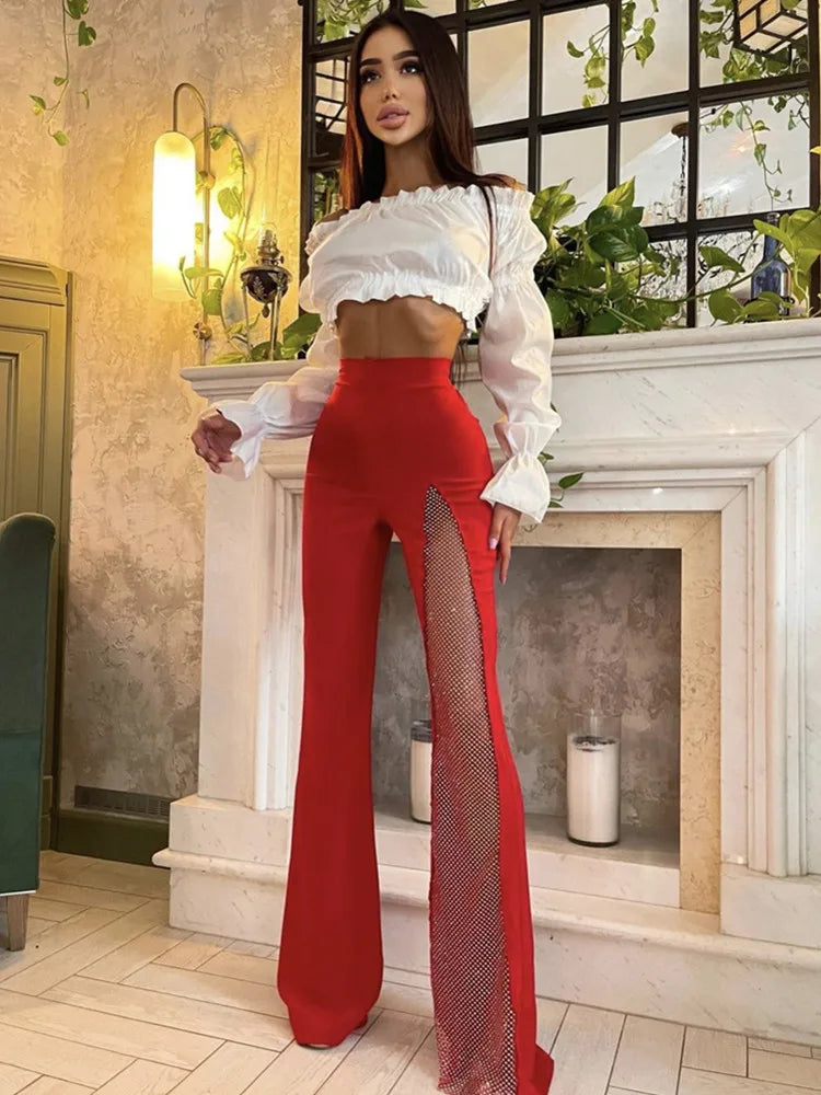 Black Red White New Summer Women Rayon Bandage Sexy Wide Leg Pants Fashion Diamond Keyholes Celebrity Wear Full Length Pant