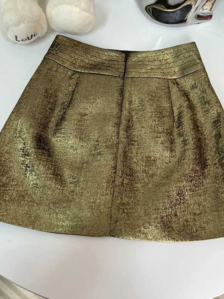 Mode Luxus Golden Minirock Frauen Kleidung High Street Sexy A-Line-Röcke Büro Dame Bottoms Streetwear Vintage Neues Design neu