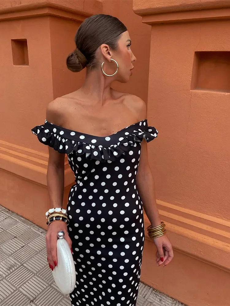 Elegant Polka Dot Print Ruffles Maxi Dress Women Fashion Strapless Slash Neck Backless Vestidos 2024 Lady Party Club Sexy Robes