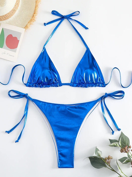 Sexy Metallic Halter Bikinis Sets Lace Up Triangle Tie Side Bikini 2024 Swimsuit Women Swimwear Brazilian Female Bathing Suits