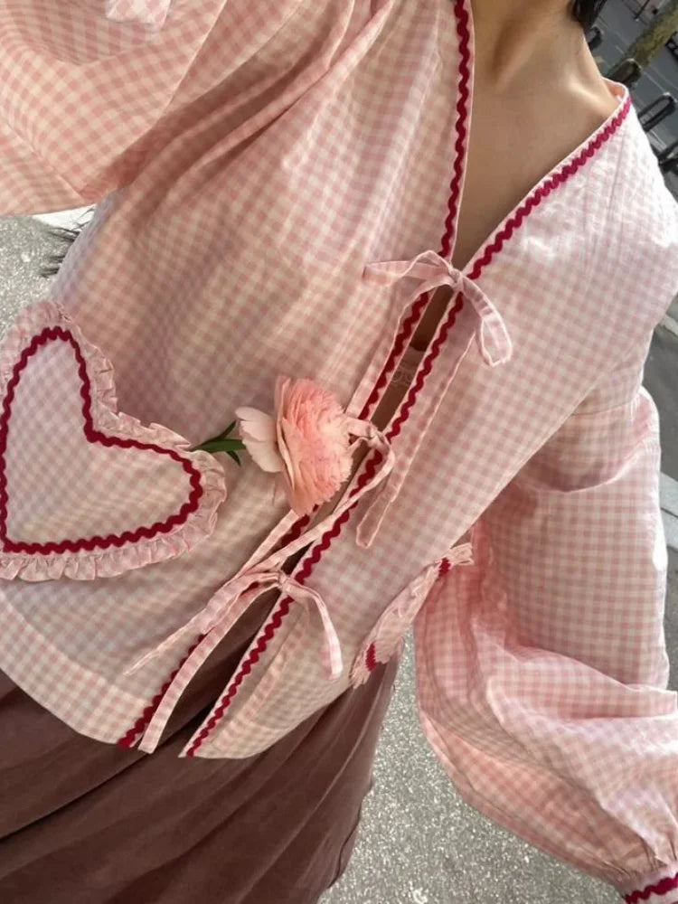 Women Heart Pocket Plaid Shirt Pants Set Casual Lantern Sleeve Lace Up Blouse 2 Piece Sets Summer Loose Drawstring Pants Set