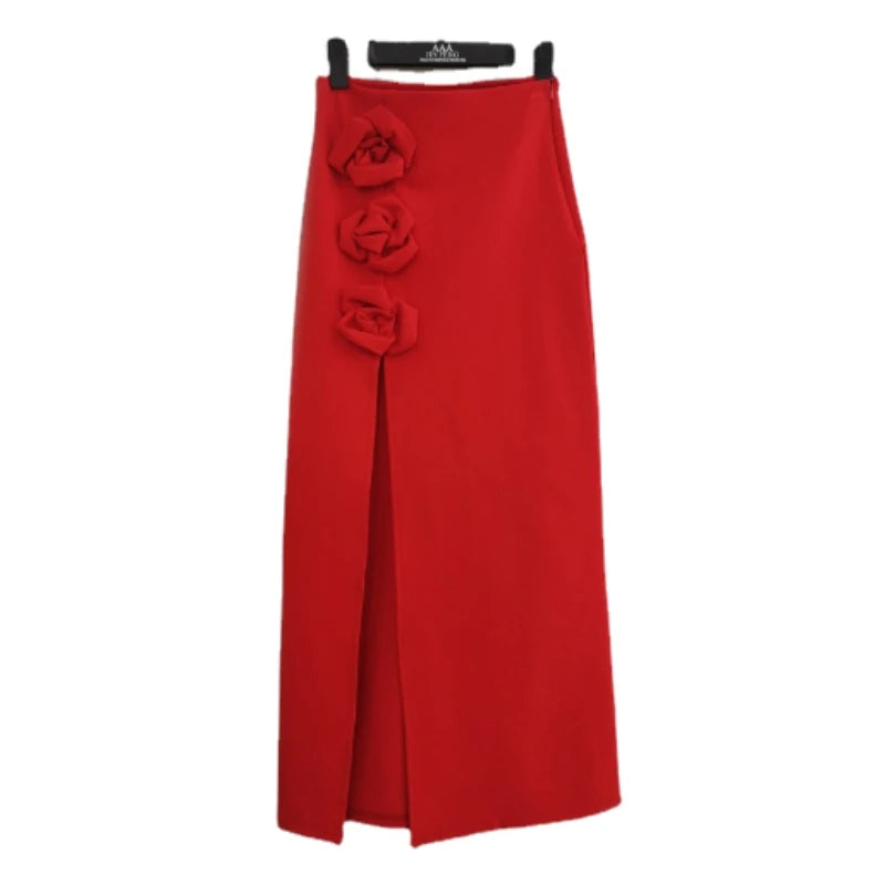 French Sexy Red High Waist Long Skirt Women's High-Grade Split Three-Dimensional Rose Light Luxury Maxi Skirts Faldas