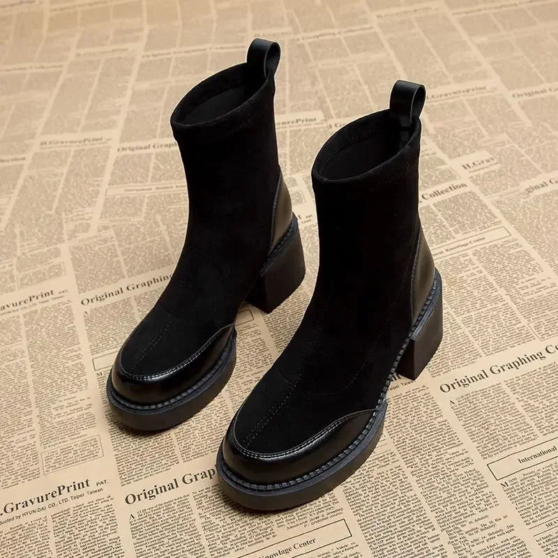 Short Shoes for Woman Black Women's Ankle Boots Sock Footwear Combat Booties Very High Heels Suede Punk Style Heeled Autumn Boot