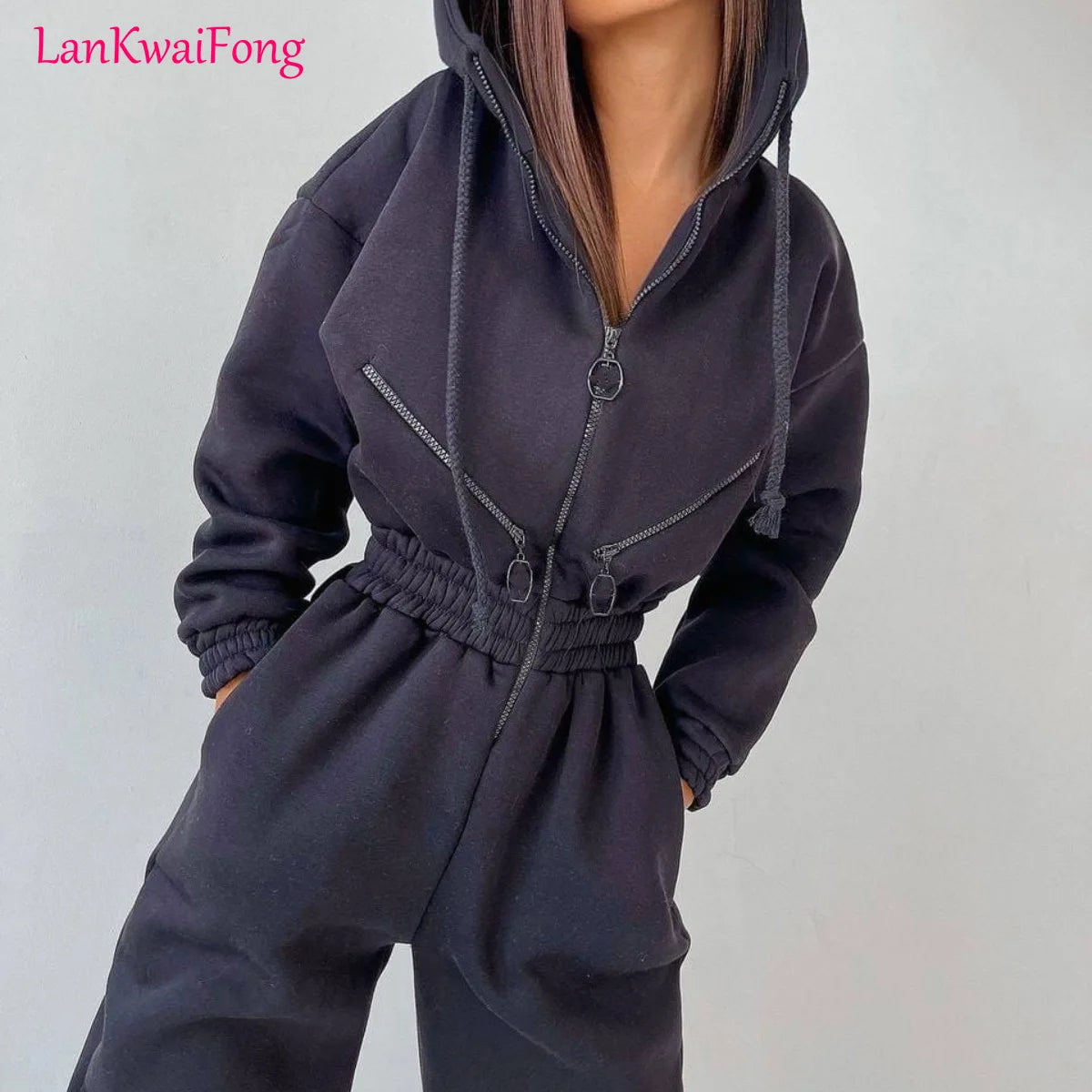 LKF 2024 Neue Sport- und Freizeit -Frauen -Jumpsuit mit Kapuze mit Zipper Cardigan Solid Color Street Trendy Jumpsuit Großhandel