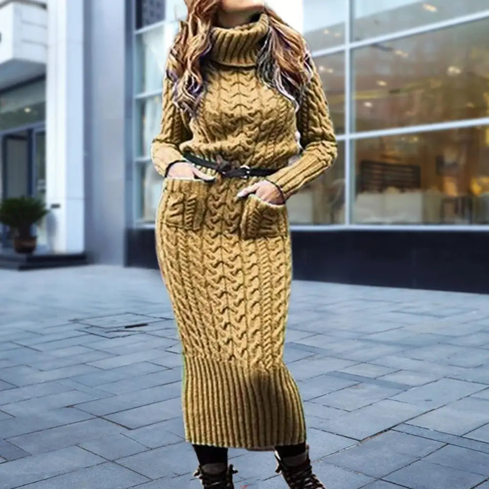 Korean Style Twist Knitted Long Dress Autumn Turtleneck Back Split Pockets Twisted Knit Casual Long Sweater Dress