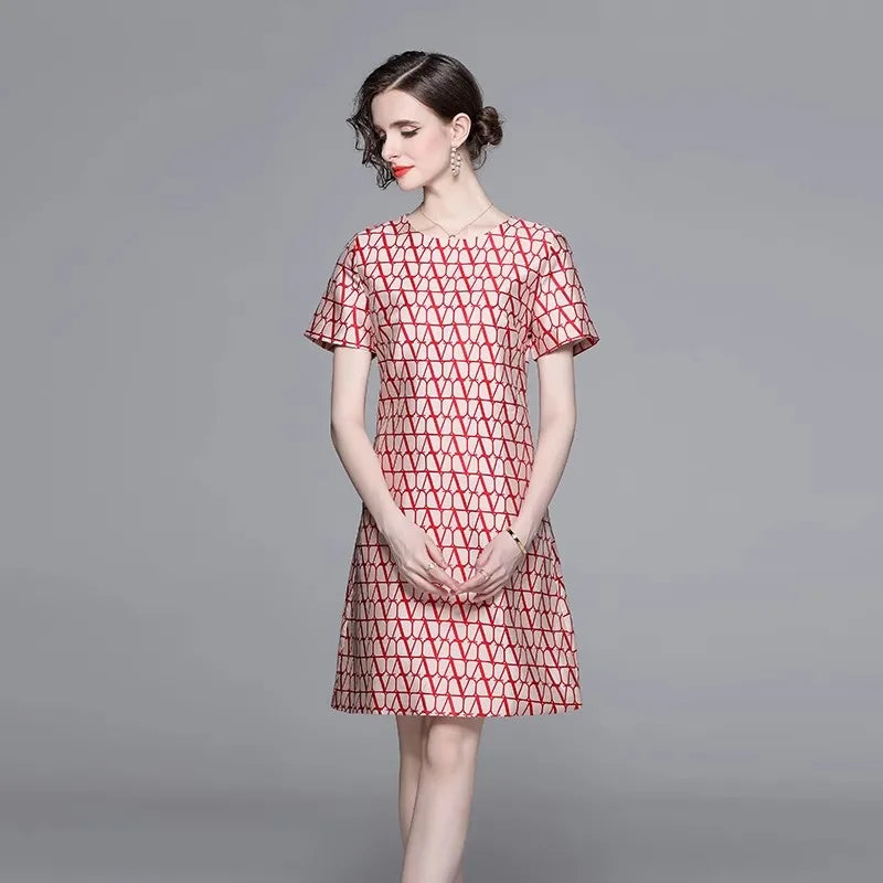 2024 New Fashion Geometry Jacquard Manga curta Dress Summer Summer Temperment elegante A-line Round Neck Dress Mulheres vestidos