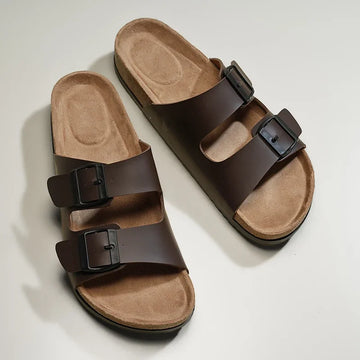 Unisex Men Women Summer Slippers Leather Men Footbed Outdoor Indoor High Quality Fashion Casual Classic Two Buckle Mules Slides