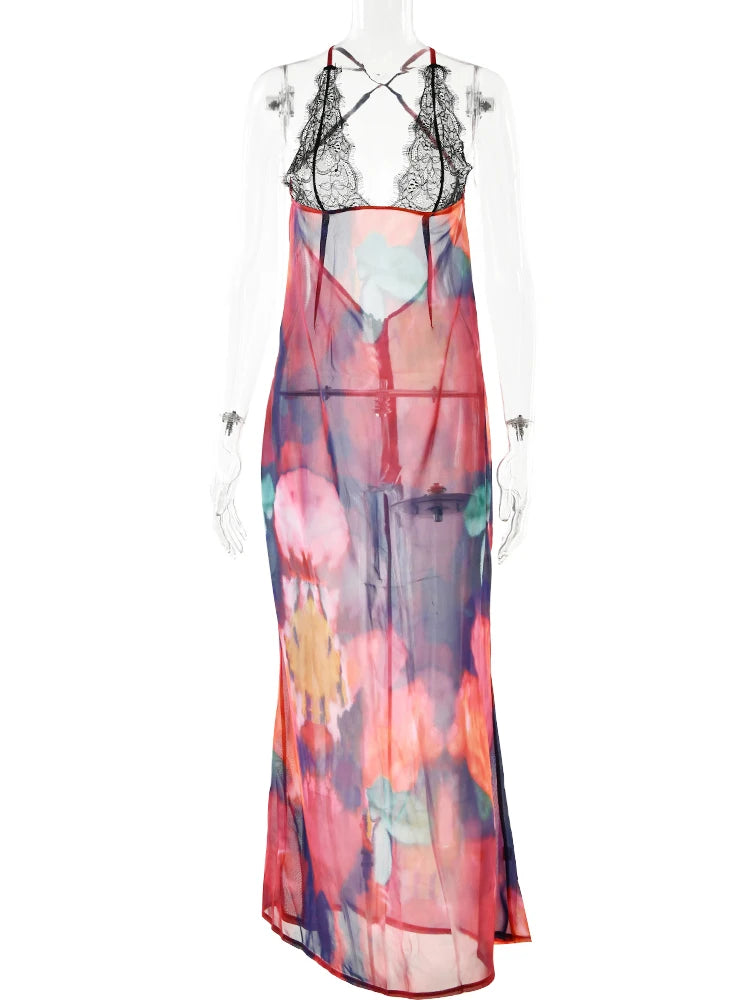 Julissa Mo Elegant Tie Dye Floral Murffon Robe Summer Sexy Femmes Backless Lace Bodycon Voir jusqu'en 2023 Versidos de la fête de la plage