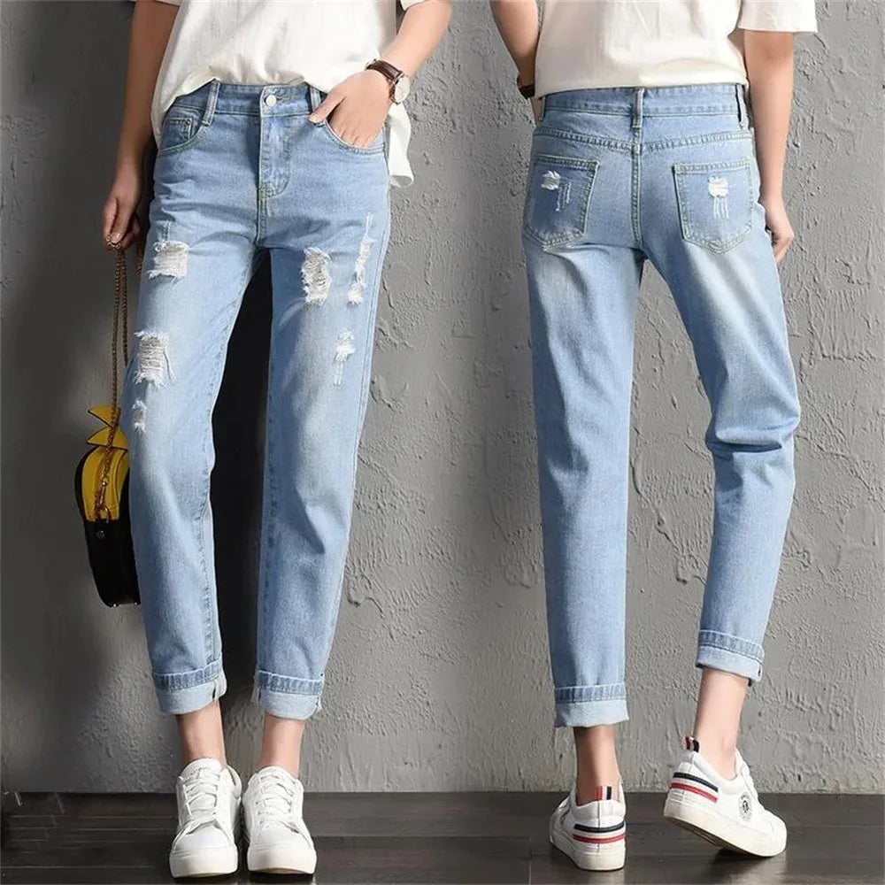 2024 Fashion New Women Mid Waist Boyfriend Big Ripped Hole Jeans Casual High Street Denim Pants Sexy Vintage Pencil Jeans y2k