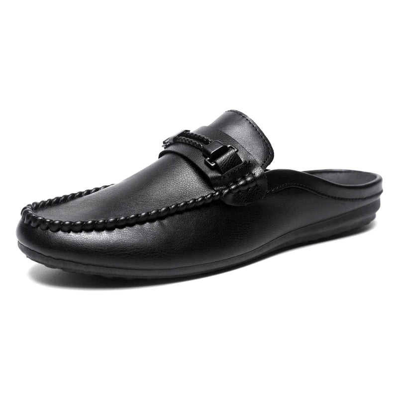 Leather Men Half Slippers Summer Breathable Mens Casual Shoes Slip on Lazy Driving Shoes Comfortable Walking Loafers Moccasins