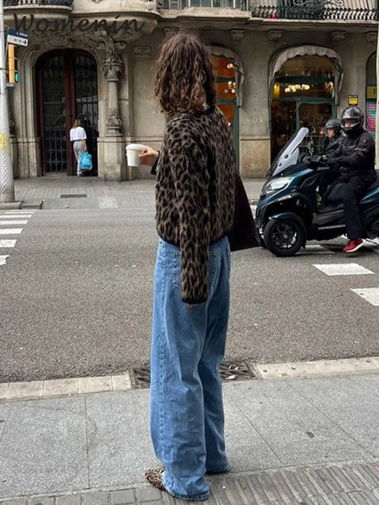 Vintage Leopard Print Mohair Women Cardigans Knitted O-neck Single Breasted Short Sweater 2024 Autumn Lady Casual Streetwear New