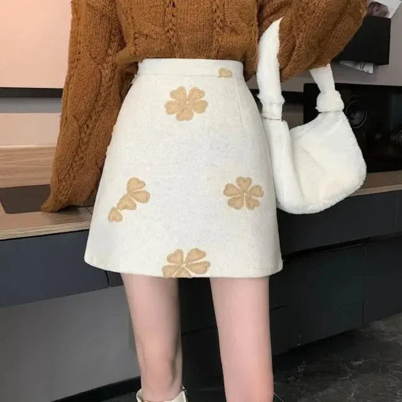 Sweet Fashion Preppy Style Autumn/Winter New Women's Woolen Embroidered Zipper Korean Casual High Waist Slim Short A-line Skirt