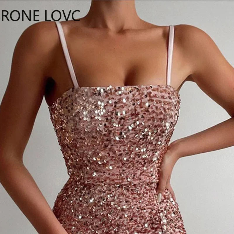 Women Sexy Elegant Sequins Cami Spaghetti Strap Small Silt Mini Bodycon Sexy Party Dress