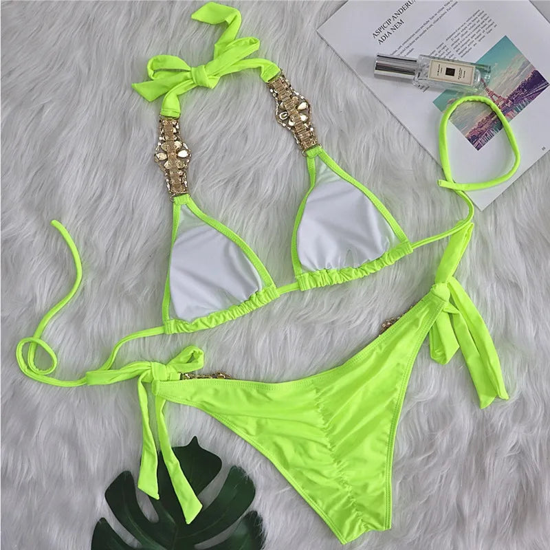 Summer Sexy Bikinis Swimsuits With Rhinestones Women's Swimwear Female Push Up Bikini Beach Swim Wear Bathing Suits Pool Bather