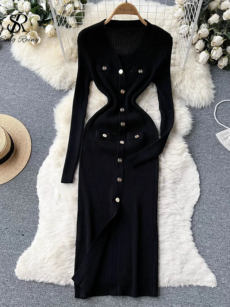 SINGREINY Winter Slim Design Knitted Dress V Neck Single Breasted A Line Split Midi Dress Long Sleeve Women Sweater Long Dress