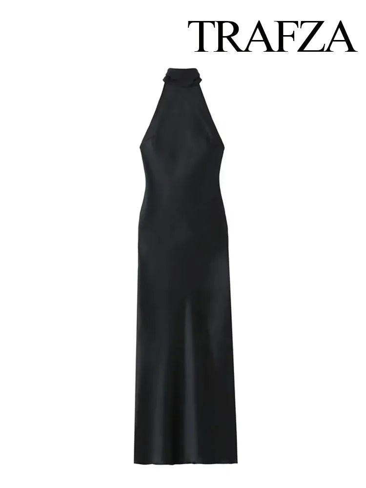 TRAFZA 2024 Women Fashion Backless Sexy Black Halter Tie Satin Long Dress Dresses Woman Bodycon Dresses New Ladies Luxury Party