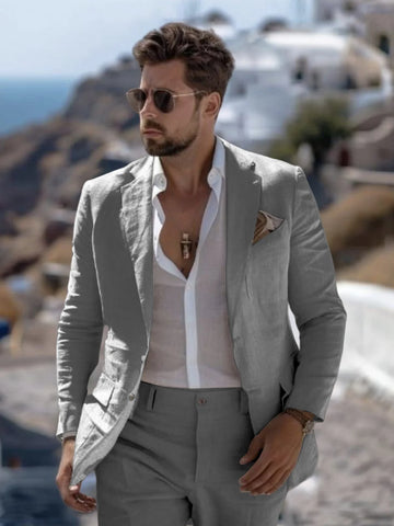 Beach Summer Linen Suit for Men Slim Fit Man 2 Piece Outfit Set Blazer with Pant Casual Trajes Terno Masculino Completo Tuexdo