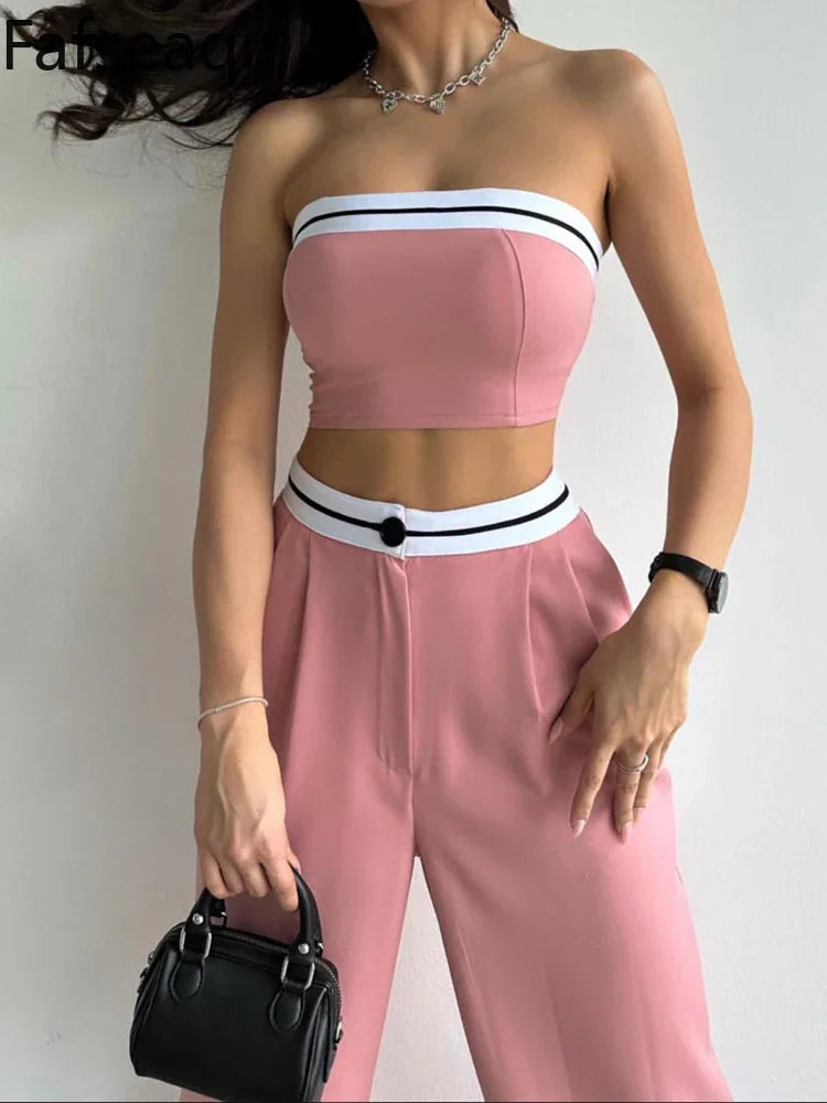 Black Women's Tracksuit with Boob Tube Top Slash Neck Contrast Color Wide Leg Trousers Suit for Women Sexy Two Piece Set Outfit