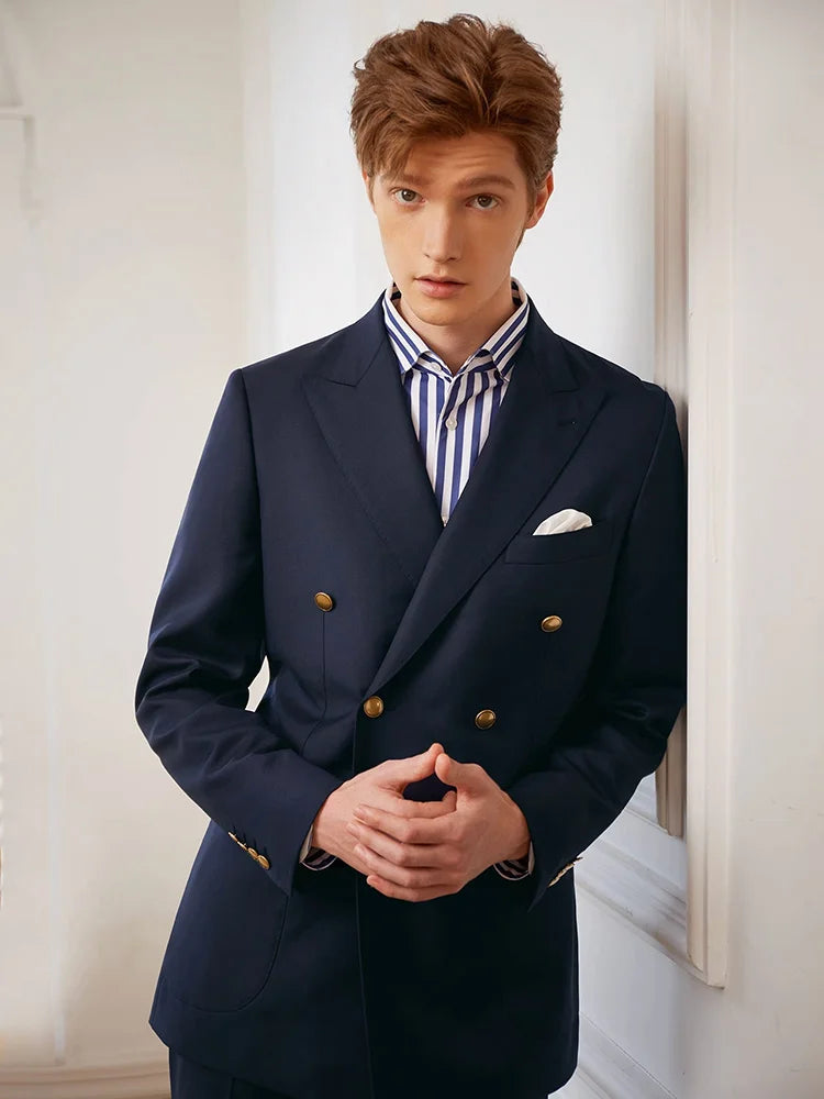 100% Wool Mens Suits Set Luxury Deep Blue Double Breasted Casual Daily Man Clothing Wedding Groom Dinner Party Wear Blazer Pant