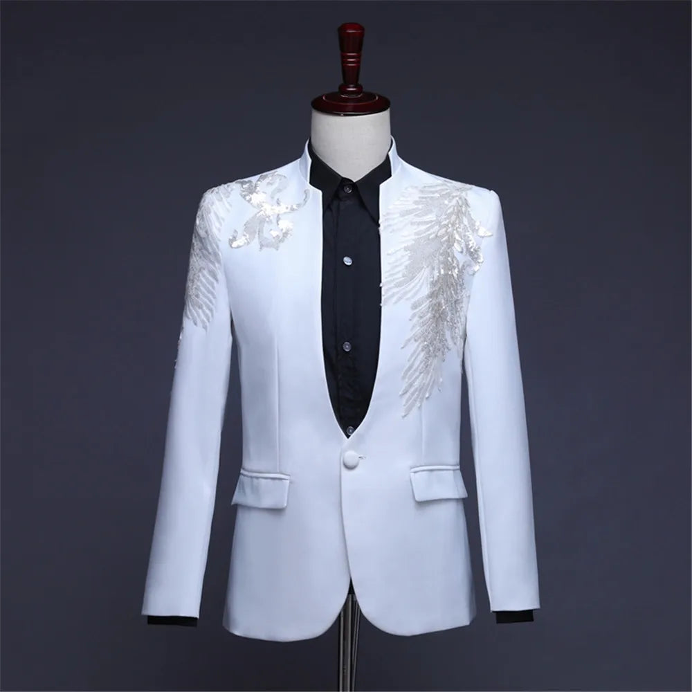 2024 Two-piece Stand Collar Appliqued Men White Suits for Prom Wedding Award Ceremony Blue Red Purple Jacket