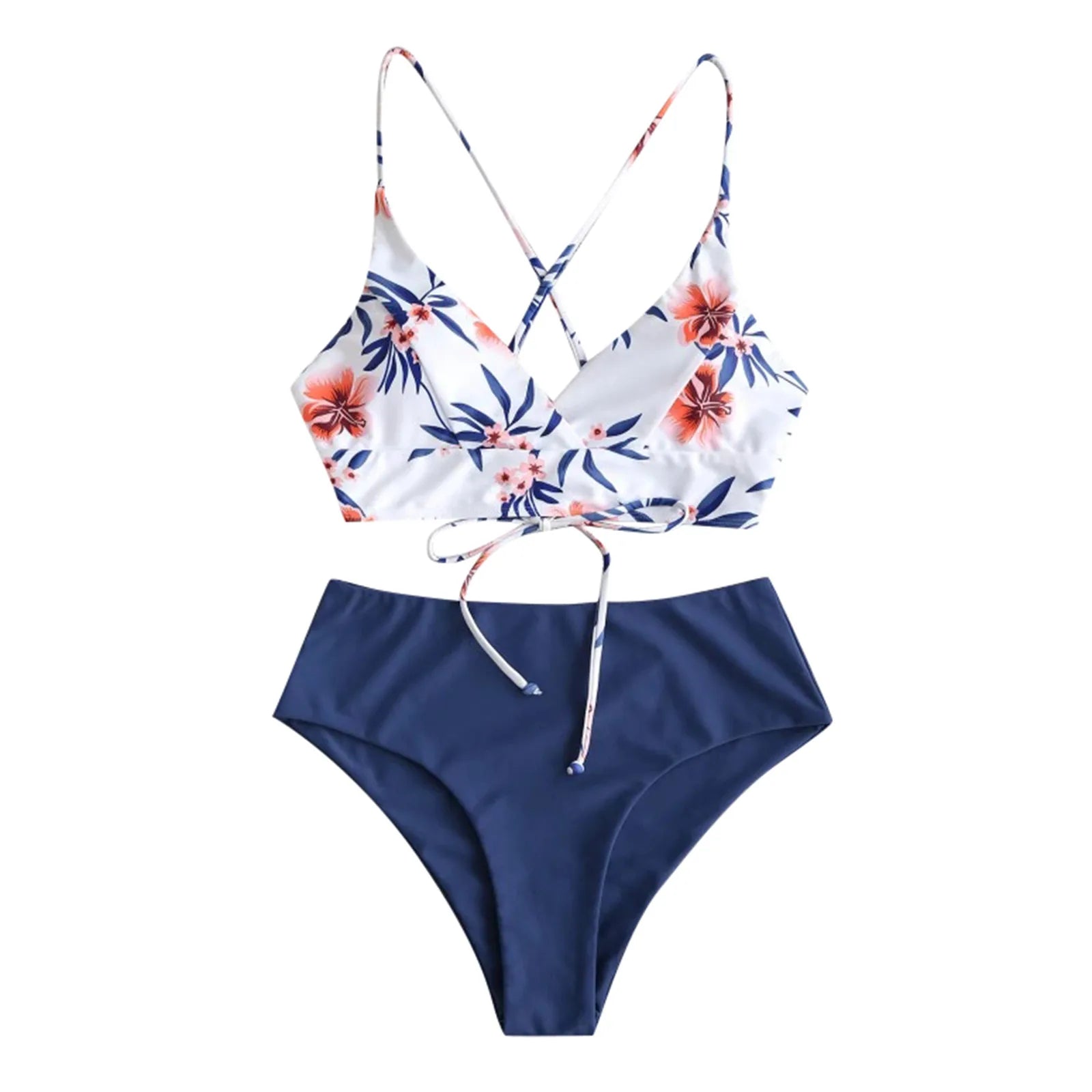 2024 Summer Womens 2 Piece Swimsuits Floral Printed Spaghetti Strap Swim Top High Waisted Bikinis Sets Female Beach Bathing Suit