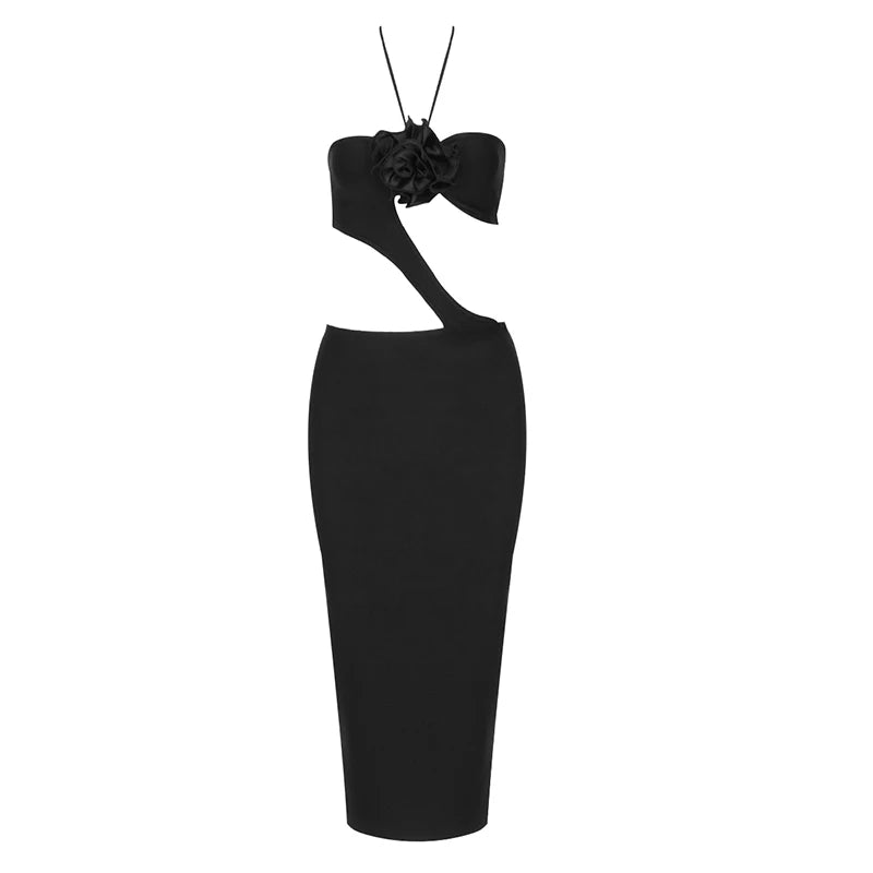 Black Color Women Sexy Halter Bodycon Midi Dress Rayon Bandage Fashion Runway Sexy Nightclub Party Dress  High Quality