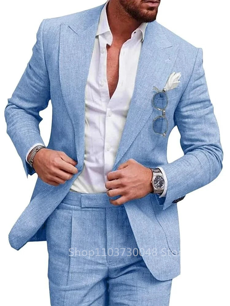 Elegant Beige Linen 2-Piece Men's Suit Slim Fit Single Breasted Smart Casual Blazer with Pants High Quality Men's Costume Homme