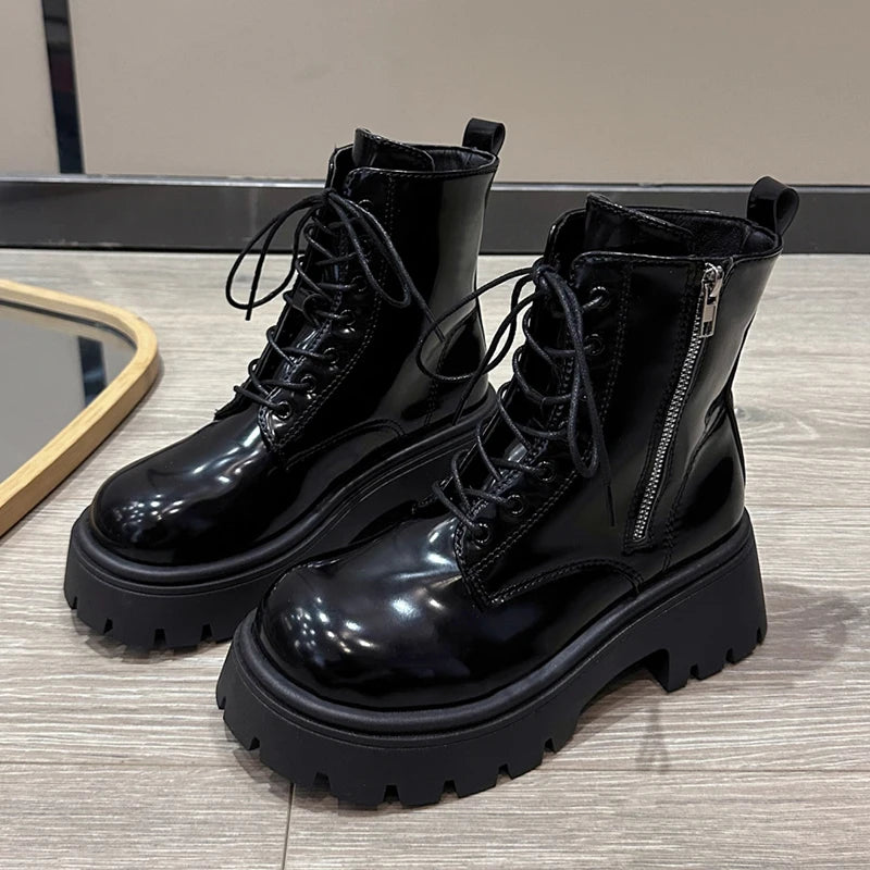 Chunky Platform Women's Ankle Boots Autumn 2024 Black Patent Leather Motorcycle Boots Woman Gothic Thick Bottom Combat Booties