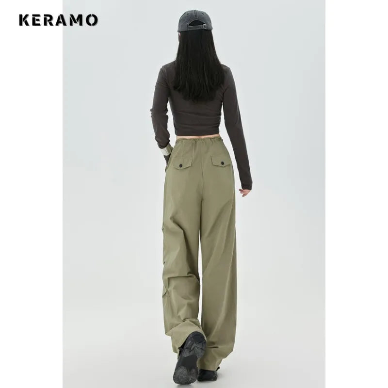 Women's High Street Casual Overalls 2000S Solid Color Loose Wide Leg Pants American Retro Punk Y2k Drawstring Cargo Pants