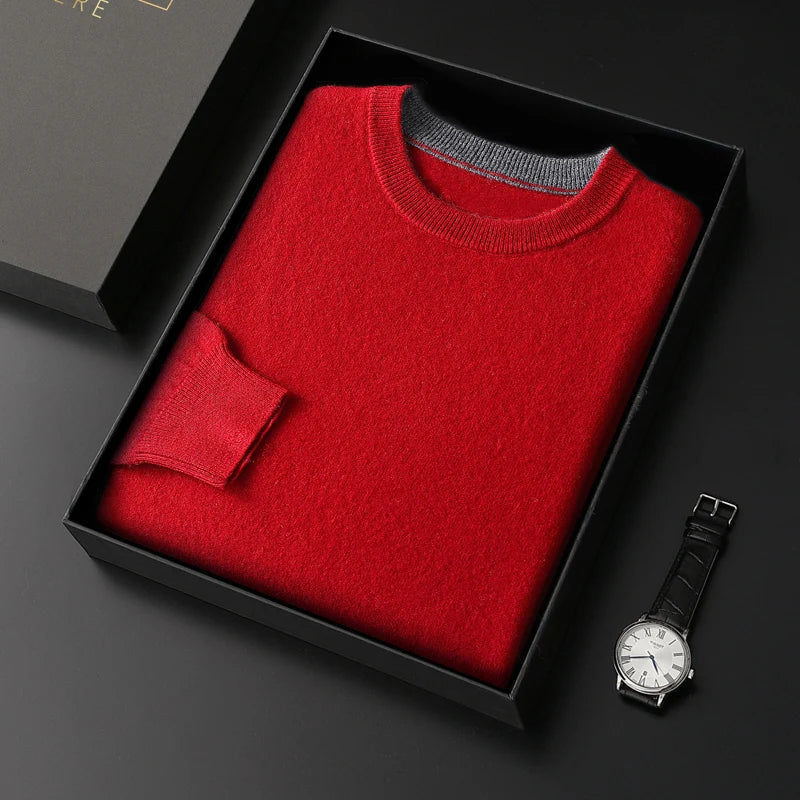 Autumn Winter Men's 100% Merino Wool Soft Sweater Contrasting Colors Round Neck Pullover Loose Long Sleeve Jumper Cashmere Top