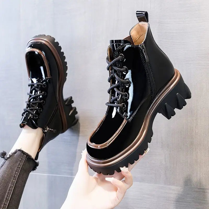 Punk Style Combat Platform Female Ankle Boots Chunky Elastic with Laces Lace-up Booties Footwear Short Shoes for Women 2024 New