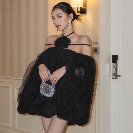 WhereMery Off Shoulder Elegant Mesh Backless Appliques Halter A-line Solid Mini Dress Y2K Summer Casual Party New Women Vestidos
