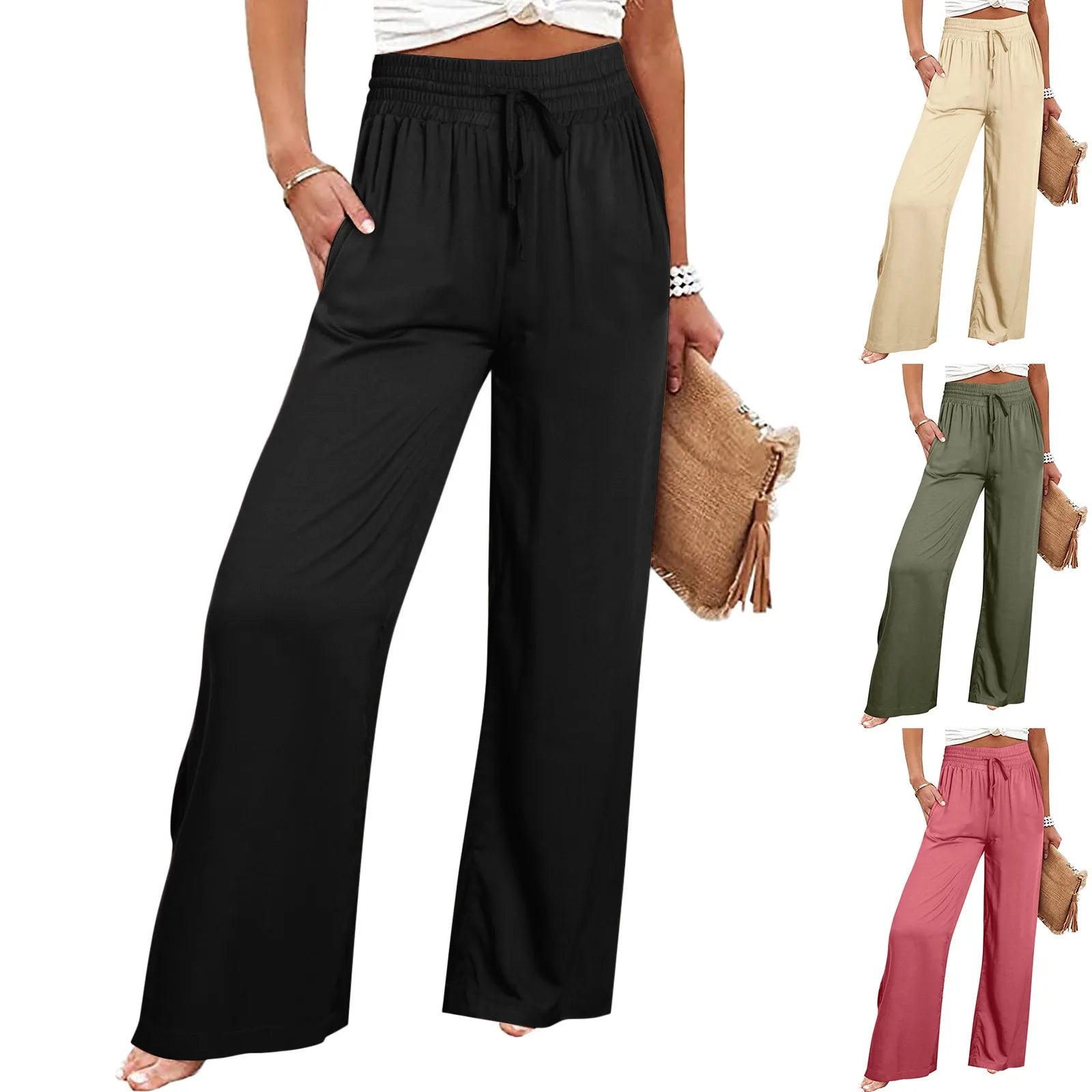 Women's 2024 Spring Summer Casual Wide Leg Pants Loose Comfortable Solid Colour Trousers Drawstring Elastic Waist Straight Pants