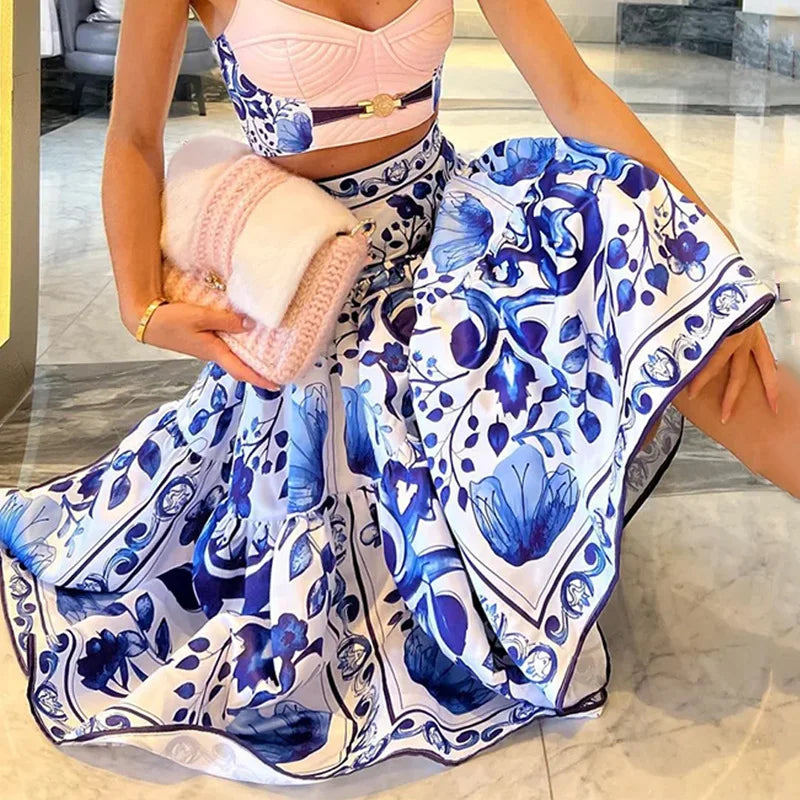 Women Elegant Short Top Sleeveless Printed Two Pieces Matching Sets Loungewear Summer Maxi Skirts Streetwear Outfit Dropshipping