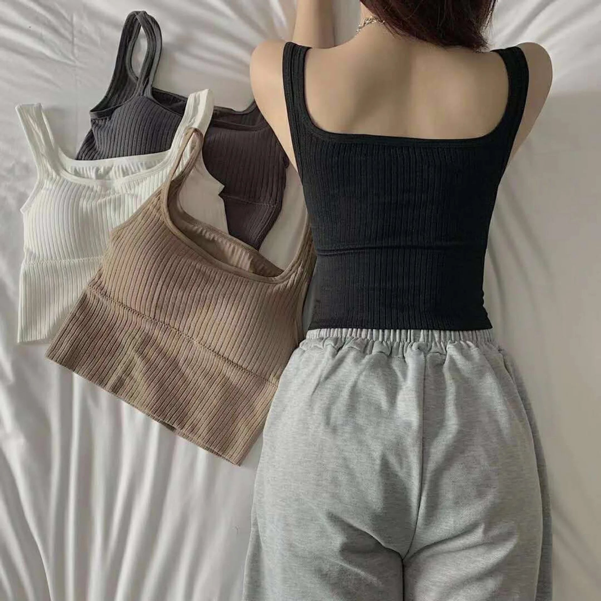 Summer Crop Top Women Seamless Square Collar Wide Straps Tank Top Knitted Striped Camisole Solid Corset Top Female