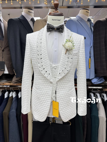 White Jacquard Men's Tuxedo 3 Pieces Blazer Vest Pants Wedding Groom Best Man Outfit Customized Suit Set For Men Birthday Party