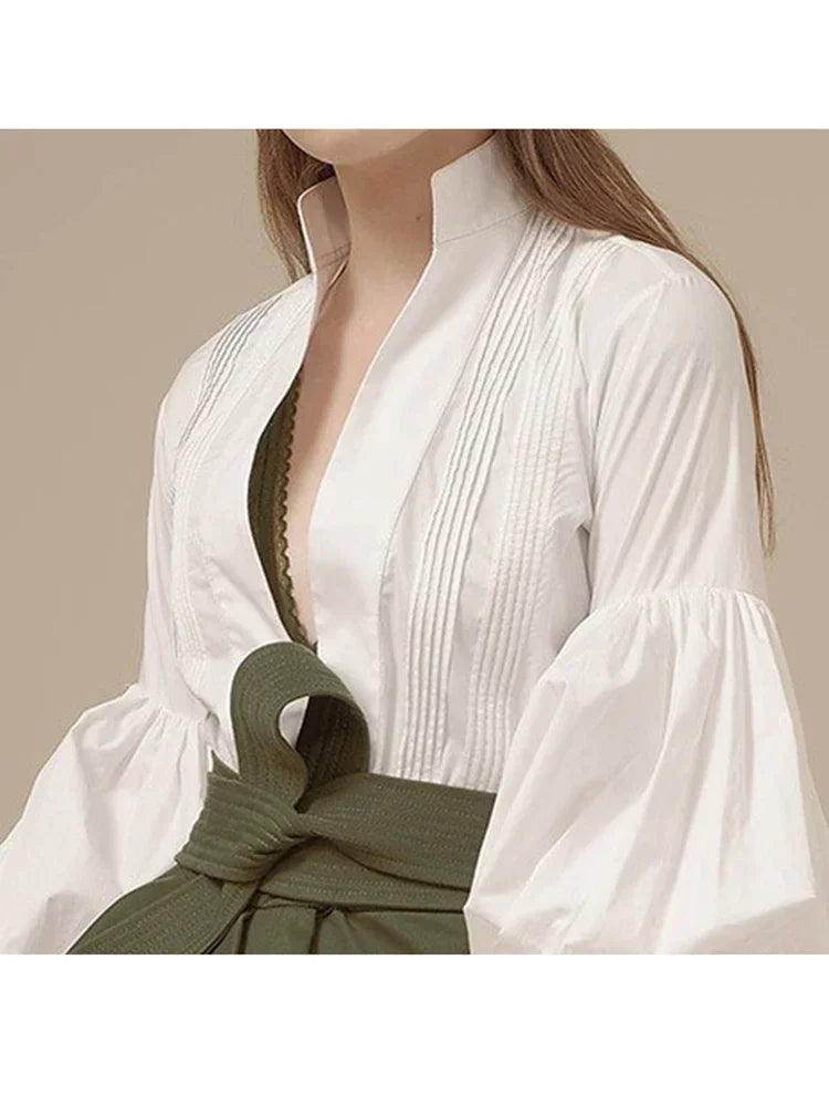 Xitao White Robe plissée irrégulière Vêtements 2024 Spring New Stand Collar Puff Sleeve Personalité Robe ZY3560