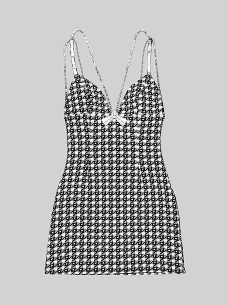 Donne estate sexy senza maniche perline a vccasto Houndstooth Mini Bodycon Prom Abito 2024 Eleganti abiti da cocktail da festa serale