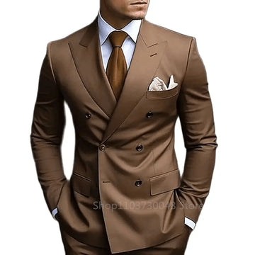 Formal Brown Men 2 Piece Wedding Suits Groom Tuxedo Slim Fit Peak Lapel Blazer Pants Business Suits Costume Homme For Party Prom