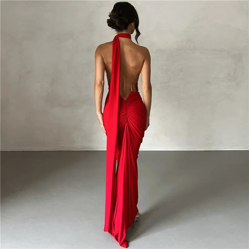 2023 New Fashion Elegant Maxi Dress for Women Sexy One Shoulder Bodycon Slim Pleated Solid Backless Dresses Party Club Clothes