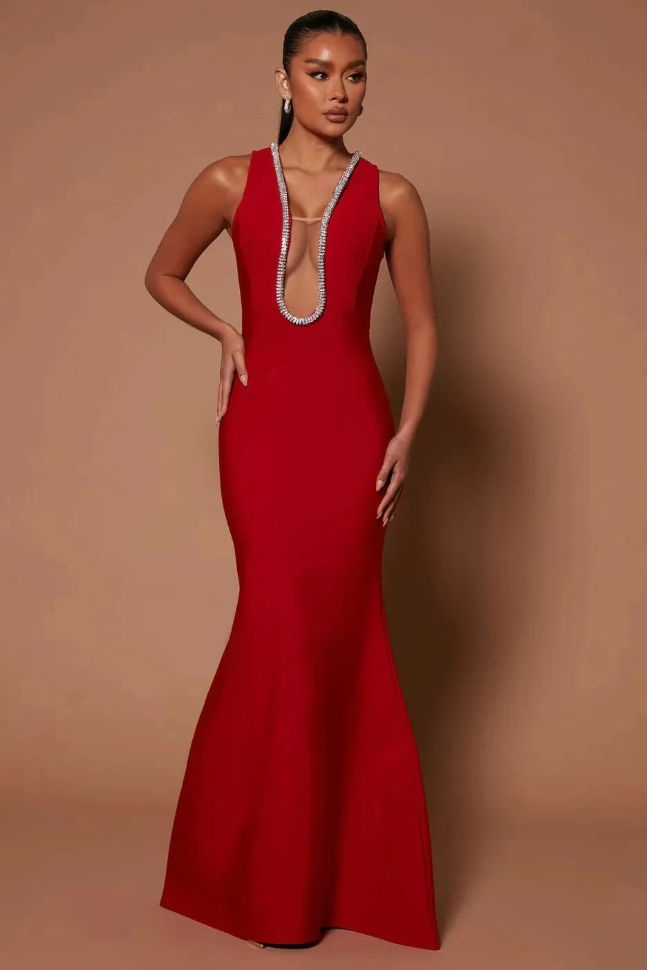 Factory Wholesale Women's Multi-Color V-Neck Diamond Sexy Boutique Celebrity Cocktail Party Bandage Long Dress