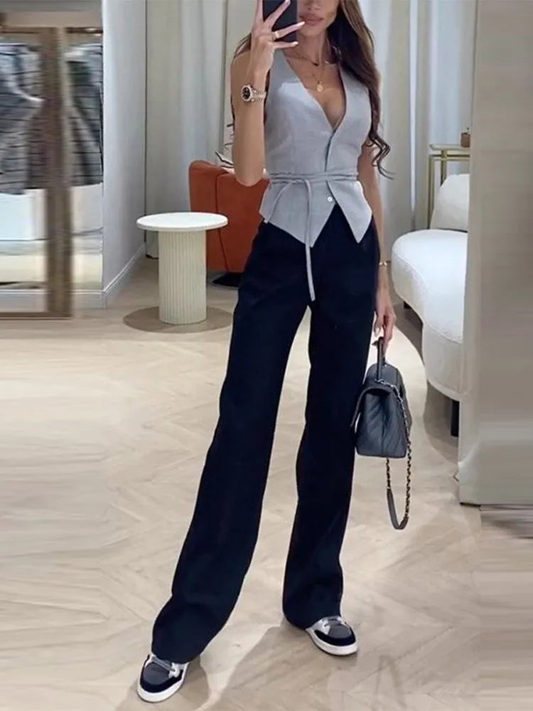 Sexy Vest Vest Women High Street Cernera Cordero Up Slim Femenino Femenino 2024 Primavera Verano Elegante Solid Office Lady Outwear